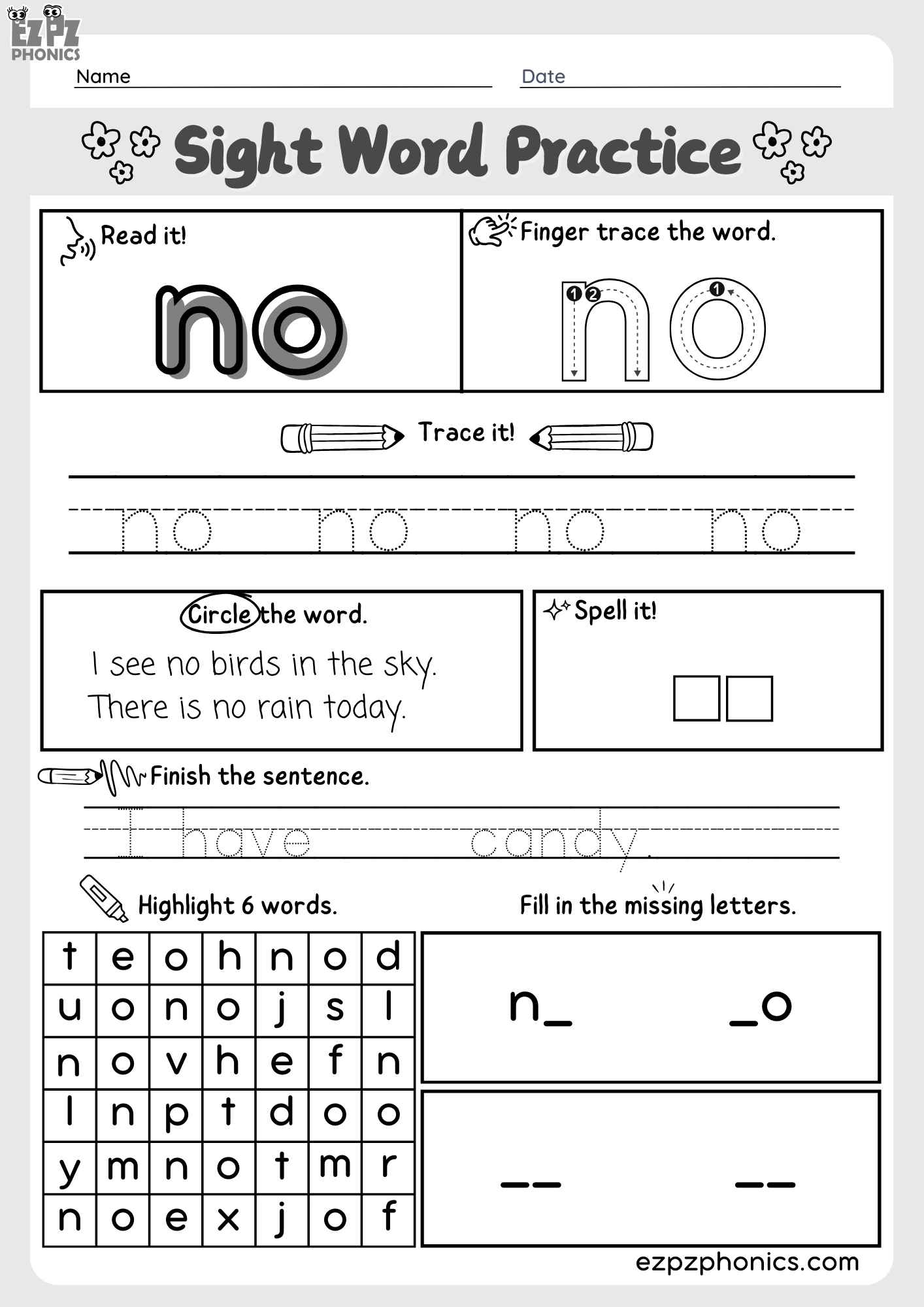 Dolch Kindergarten Sight Word "No" – Engaging Activities PDF Download